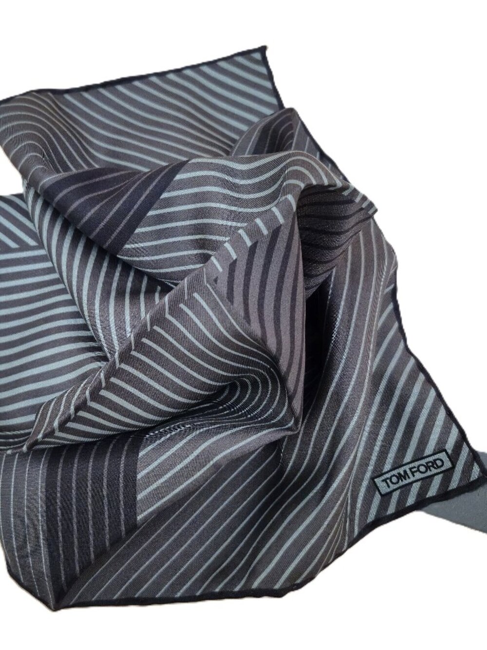 NWT $195 TOM FORD Gray Blue Striped Silk Pocket Square Handkerchief